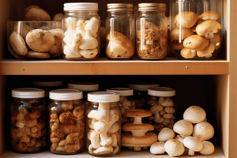 Fresh and dried shrooms stored in jars on a shelf.