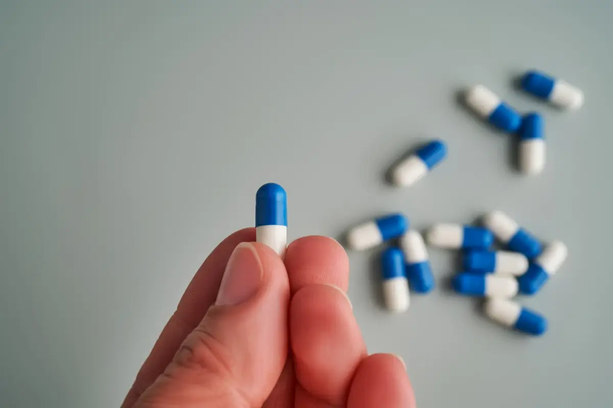 a hand holds a white-and-blue pill on a blue background