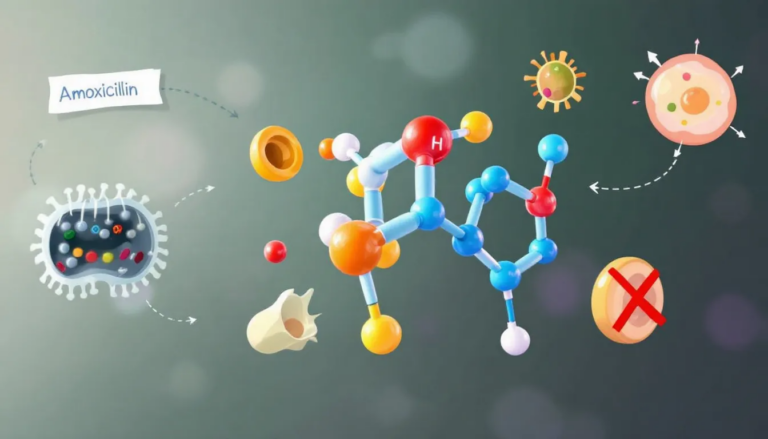 An illustration showing the structure of amoxicillin, a common antibiotic.