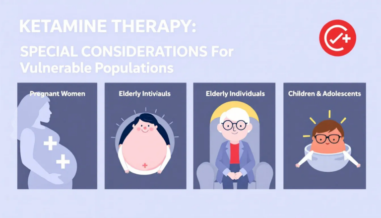 A graphic illustrating special populations requiring extra caution for ketamine therapy, including pregnant and elderly individuals.