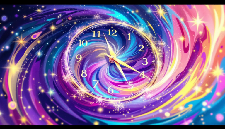 A clock with a background of psychedelic visuals illustrating the onset time of shroom effects.