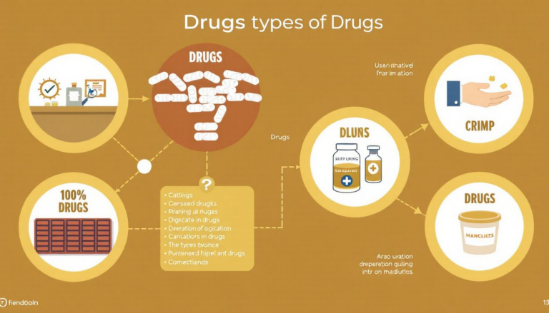 An infographic illustrating various types of drugs by addiction, including prescription medications and illicit drugs.