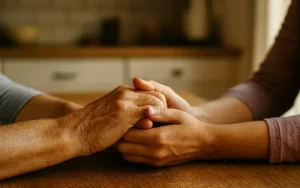 Close-up of two hands holding across a wooden kitchen table, symbolizing support and trust in addiction recovery.