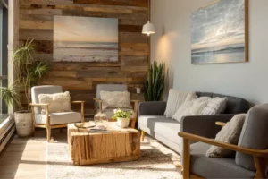 Comfortable therapy room in a New Hampshire recovery center with warm natural light, cozy seating, and inviting atmosphere