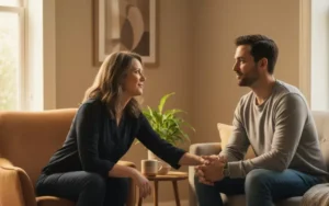 Counselor offering compassionate support to a patient during an intake session in a warm, welcoming office with natural light and calming décor.