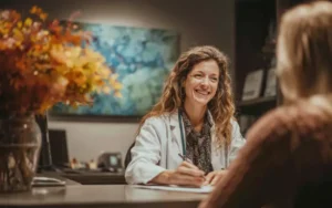 Smiling doctor discussing recovery treatment plan with a patient in a supportive clinic setting