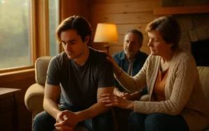 Parent offering comfort to their adult child showing signs of emotional struggle