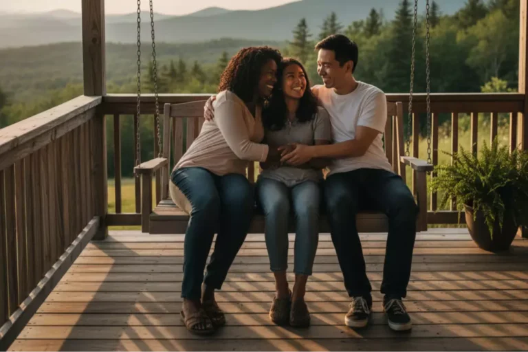 Family sitting together on a porch swing in New Hampshire at sunset, smiling and embracing.