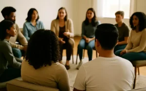 A diverse family support group sits in a circle in a softly lit room