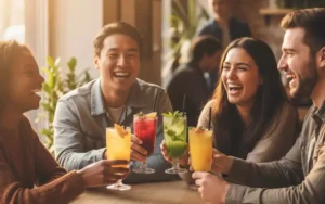 A diverse group of friends in their twenties gathered at a rustic wooden table in a cozy café
