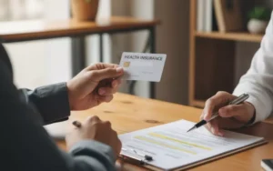 Patient holding a health insurance card while a counselor points to a highlighted section on a form during insurance verification at a recovery center