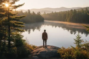 Person standing on a rock overlooking a calm New Hampshire lake at sunrise, symbolizing reflection and a new beginning in recovery