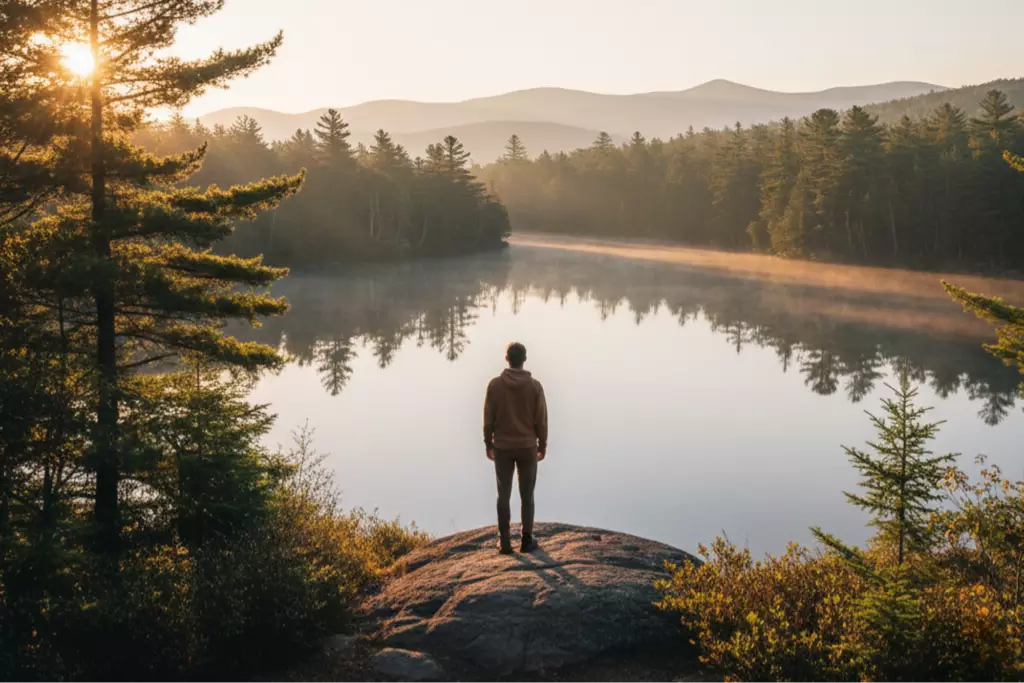 Person standing on a rock overlooking a calm New Hampshire lake at sunrise, symbolizing reflection and a new beginning in recovery