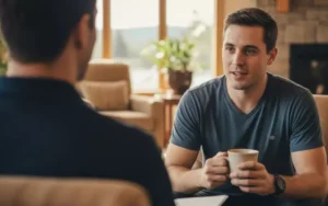 Patient holding a coffee mug while speaking with a counselor