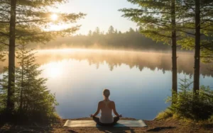 Person meditating on a yoga mat by a calm New Hampshire lake at sunrise, surrounded by pine trees and soft morning mist