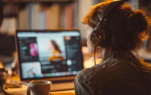Person wearing headphones listening to a sober curious podcast on a laptop, coffee cup on desk, cozy home setting