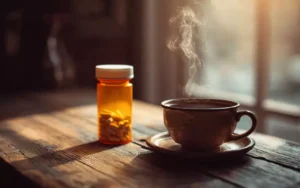 Gabapentin prescription pill bottle beside a steaming cup of tea on a wooden table with warm sunlight, symbolizing recovery and comfort