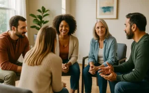 Addiction recovery support group sitting in a therapy circle, diverse individuals engaged in conversation in a bright and welcoming room