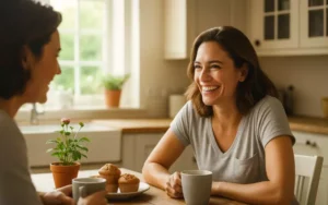 Two women sharing coffee and muffins in a cozy, sunlit kitchen, smiling warmly and enjoying supportive conversation.