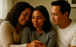 Parents embrace their young adult child on a couch, showing compassion and care with gentle, supportive expressions in a warm, softly lit living room