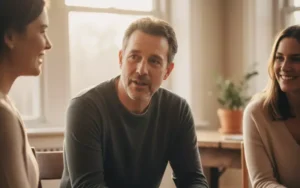 Close-up of a small group therapy session in a bright room, with three people seated and engaged in supportive conversation, showing empathy and connection