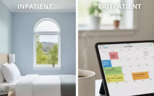 Split-screen comparison showing an inpatient recovery room view versus an outpatient daily schedule