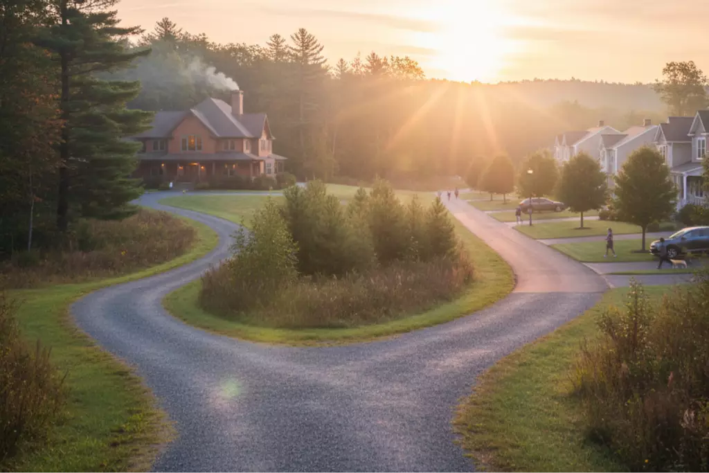 Sunrise over two diverging paths in New Hampshire