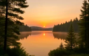 Sunrise over a calm New Hampshire lake with mist rising from the water, framed by pine trees, symbolizing peace and new beginnings in recovery.