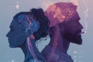 Illustration of brain activity in two people highlighting how cannabis affects thinking and decision-making