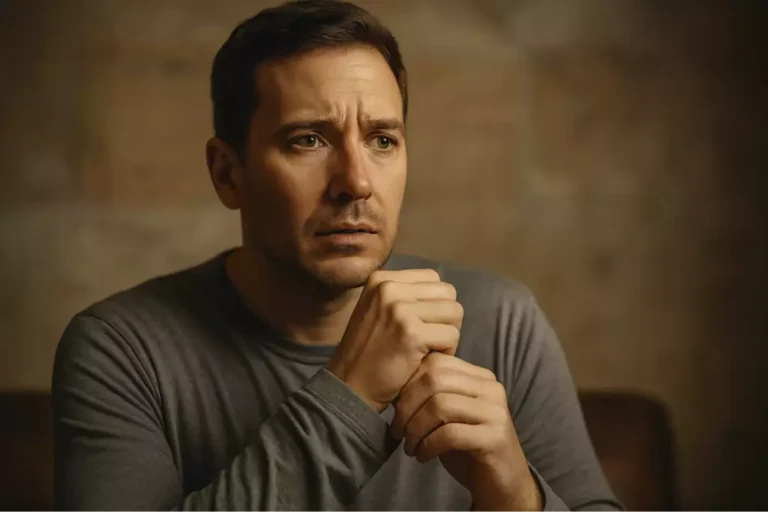 Man with a concerned expression clasping his hands, showing subtle signs of anxiety and discomfort during opioid withdrawal.