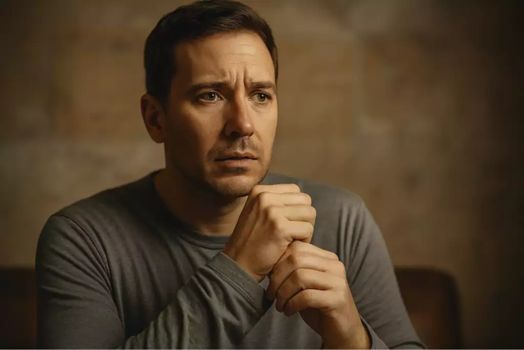 Man with a concerned expression clasping his hands, showing subtle signs of anxiety and discomfort during opioid withdrawal.