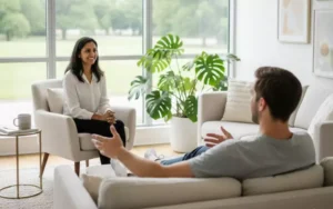 Counselor and patient in a bright, modern therapy office with large windows