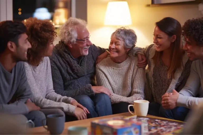 A family of different generations sitting together in a cozy living room
