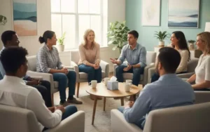 Group therapy circle in a bright counseling room, participants sharing supportive conversations.