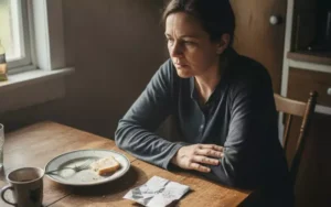 Parent in a rural home quietly reflecting on unreported heroin use challenges.