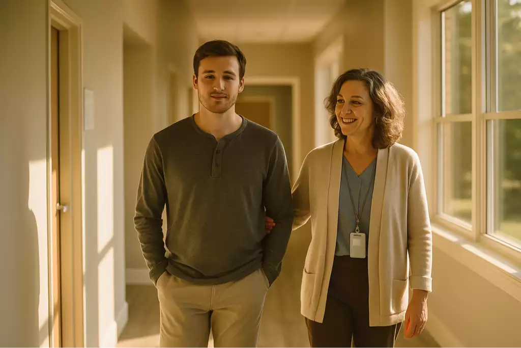Patient walking with counselor at Heartfelt Recovery Centers in New Hampshire