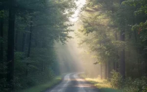 A peaceful forest road in New Hampshire with morning sunlight streaming through the trees