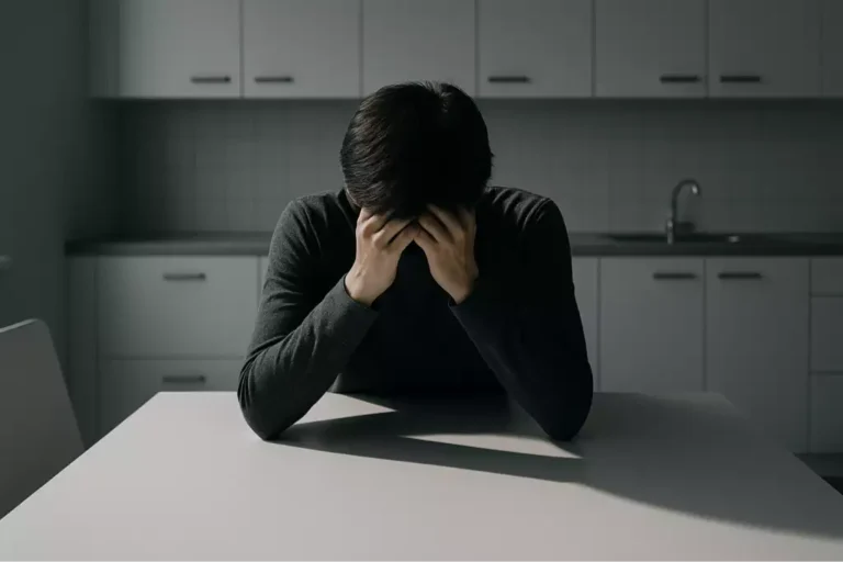 Person sitting alone at a modern kitchen table with head in hands
