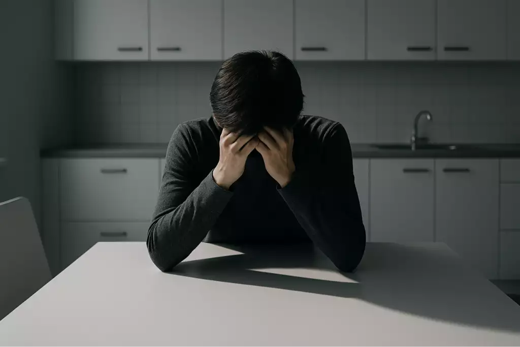 Person sitting alone at a modern kitchen table with head in hands