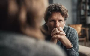 A man sits in quiet conversation with a counselor