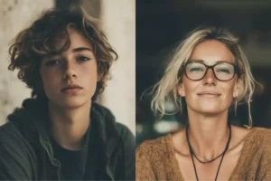 Side-by-side portraits of a teen and an adult representing differences in brain development and vulnerability to cannabis effects on decision-making