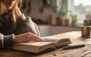 Woman journaling at a sunlit wooden table with a warm cup of tea nearby, reflecting on family history and recovery progress in a peaceful setting