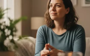 Woman sitting calmly in a cozy living room, hands gently clasped, looking out with a thoughtful and hopeful expression