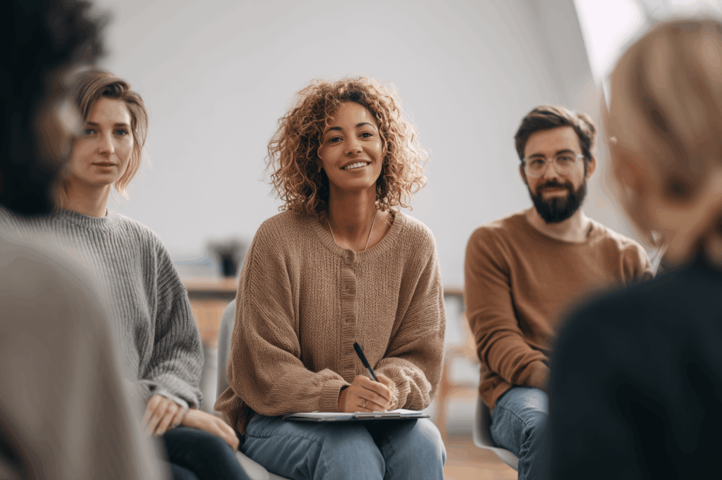 Young adults meeting with a counselor in a supportive addiction recovery setting in New Hampshire.