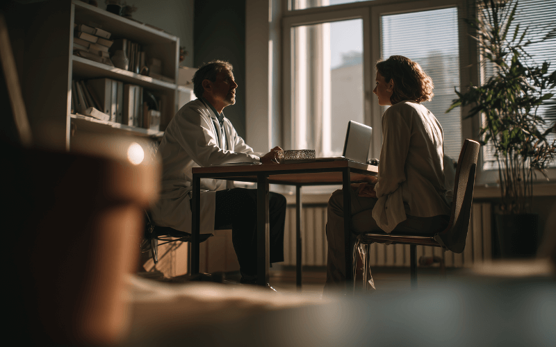 Medical professional explaining opioid withdrawal symptoms during a calm consultation 