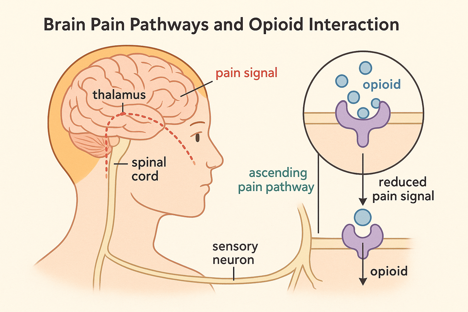 Simple diagram of the brain showing how opioids affect pain signals