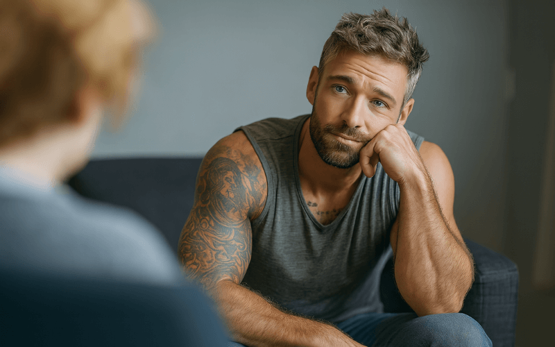 Man with a tattooed arm listening thoughtfully during a counseling session.