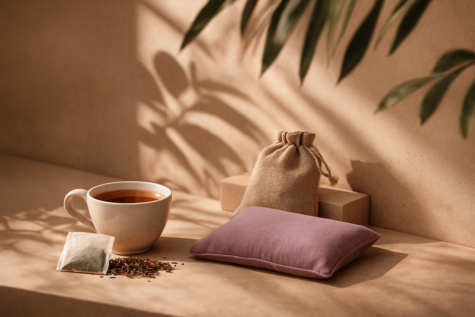 Heat pack, tea, water bottle, and journal on a table as natural pain relief tools