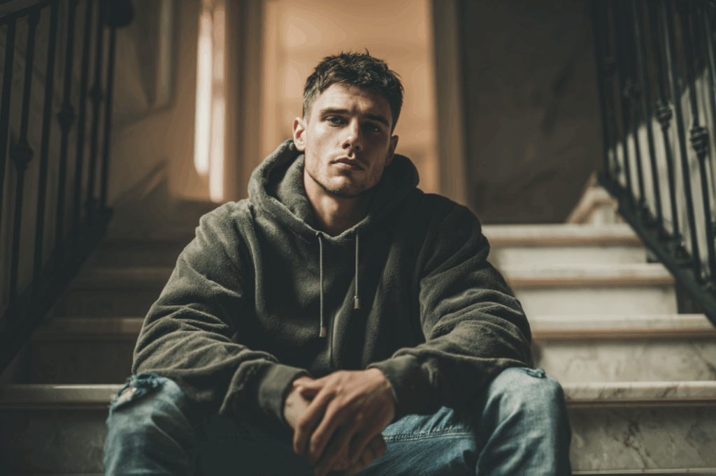 Young man sitting on a staircase looking tired and reflective, representing the emotional struggles linked to psilocybin withdrawal symptoms.