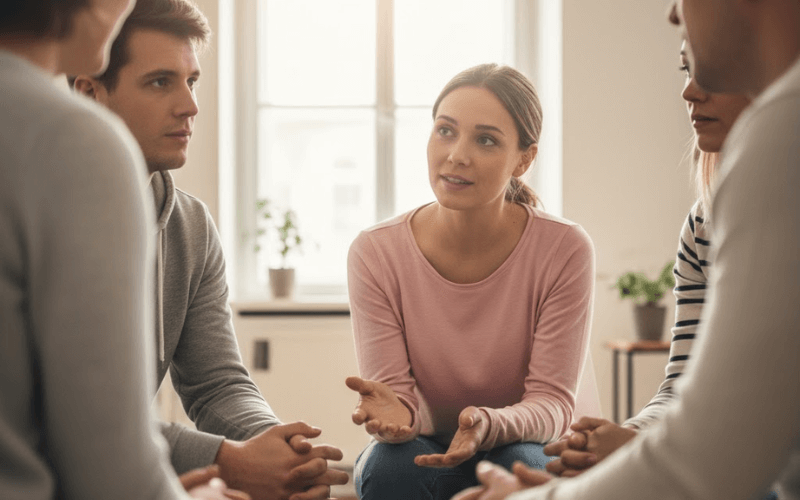 Young adults participating in a group therapy session during alcohol rehab in New Hampshire.